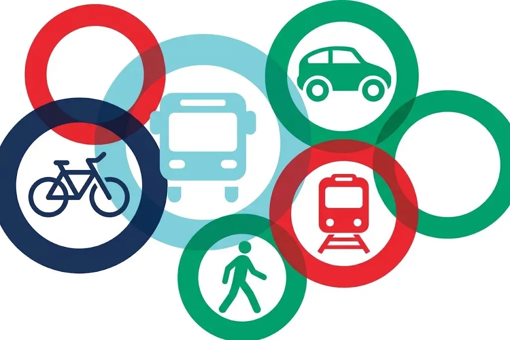 Mobility pictograms: bicycle, bus, car, train and walking